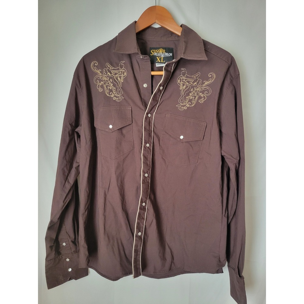 Señor de los Cielos Men's XL Brown Western Snap Button Shirt Embroidered Rodeo